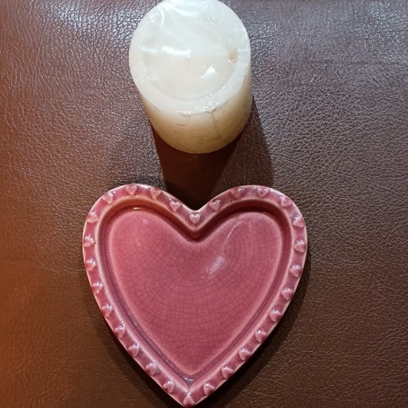 Other - Pink Heart-Shaped Candle Stand And Cream 3"X3" Pillar Candle
